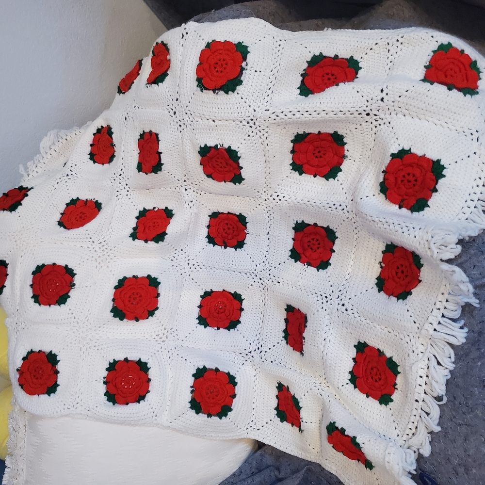 Handmade Crochet Afghan Blanket with Red Rose Pattern
